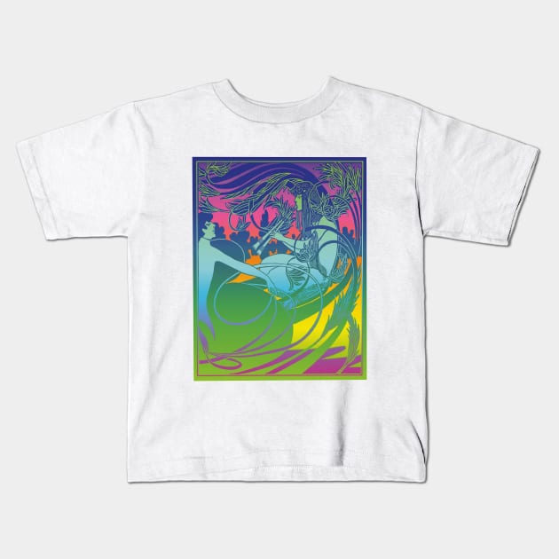 Flute Lady (blue on rainbow) Kids T-Shirt by Soth Studio